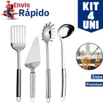 Kit 4 Utensílios de Cozinha Aço Inox Espátula Vazada Espátula Bolo Pegador de Macarrão Concha Colher de Arroz Kit 4 Utensílios de Cozinha Aço Inox Espátula Vazada Espátula Bolo Pegador de Macarrão Concha Colher de Arroz