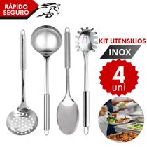 Kit 4 Utensílios de Cozinha em Inox Concha Colher Pegador Escumadeira Profissional e para o Dia a Dia