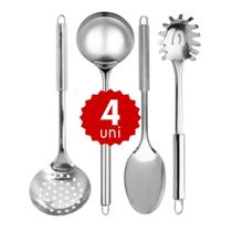 Kit 4 Utensílios de Cozinha em Inox Concha Colher Pegador Escumadeira Profissional e para o Dia a Dia Kit 4 Utensílios de Cozinha em Inox Concha Colher Pegador Escumadeira Profissional e para o Dia a Dia