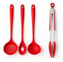 Kit 4 Utensílios de Silicone com Escumadeira Concha para Sopas, Caldos e Feijão Pegador de Massas e de Macarrão