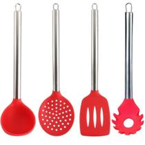 Kit 4 Utensílios de Silicone Vermelho Cabo Inox Para Cozinha