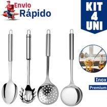 Kit 4 Utensílios Inox Cozinha Pegador de Macarrão Colher de Arroz Escumadeira Concha Promoção Linha Premium Kit 4 Utensílios Inox Cozinha Pegador de Macarrão Colher de Arroz Escumadeira Concha Promoção Linha Premium