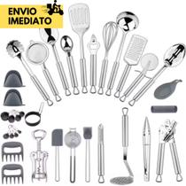 Kit 4 Utensílios para Cozinha em Inox Escumadeira, Colher de Arroz, Concha e Pegador de Massas p/ su Kit 4 Utensílios para Cozinha em Inox Escumadeira, Colher de Arroz, Concha e Pegador de Massas p/ su