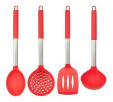 Kit 4 Utensílios Silicone Cabo Inox Colher Espátula Concha