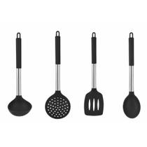 Kit 4 Utensílios Silicone Preto Cabo Inox Revestido Colher Concha Espátula Escumadeira Antiaderente Kit 4 Utensílios Silicone Preto Cabo Inox Revestido Colher Concha Espátula Escumadeira Antiaderente