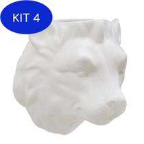 Kit 4 Vaso De Parede Cachepot Leão Branco Porcelana - L3 Store