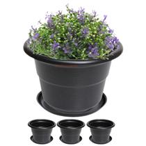Kit 4 Vaso Redondo Médio Com Prato Para Flores Plantas Jardim Plástico Preto - AMZ