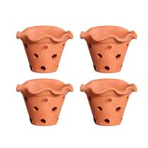 Kit 4 Vasos De Barro Parede Orquídea Furos Detalhe Babado Cerâmica Jardim Decoração Flores Plantas