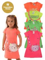 Kit 4 Vestidos Infantil Verão Neon Menina Meia Malha Confortável Estampado Criança Kit 4 Vestidos Infantil Verão Neon Menina Meia Malha Confortável Estampado Criança