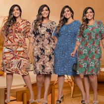 KIT 4 Vestidos Plus Size Estampado Com Manga Morcego e Elástico na Cintura Estampa Sortida