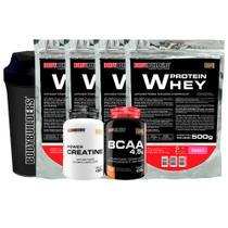 Kit 4 Whey Protein 500g + BCAA 100g Tangerina + Power Creatina 100g + Coqueteleira - Bodybuilders