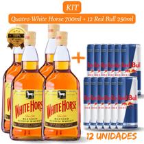 Kit 4 Whisky White Horse 700ml com 12 unidades de Energético RedBull de 250ml
