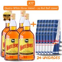 Kit 4 Whisky White Horse 700ml com 24 unidades de Energético RedBull de 250ml