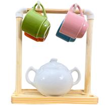 Kit 4 Xicaras 80ml Açucareiro 250ml c/suporte -Multicolorida