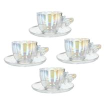 Kit 4 Xícaras Bee Com Pires De Vidro Para Chá Café 200ml