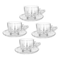 Kit 4 Xícaras Bee Com Pires De Vidro Para Chá Café 200ml