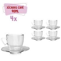 Kit 4 Xícaras Café Vidro 90mL C/ Pires Moderna Transparente