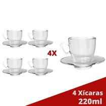 Kit 4 Xícaras Chá 220mL Mesa Posta Transparente C/ Pires