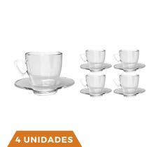 Kit 4 Xícaras Chá e Café C/ Pires Vidro 220mL Transparente