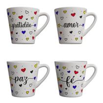 Kit 4 Xicaras de Café , Porcelana Esmaltada Branca Decorada Amor Gratidao Paz Fé
