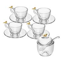 Kit 4 Xícaras de Chá 180ml com Pires e Açucareiro Golden Bird Cristal - Wolff