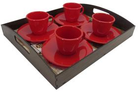 Kit 4 Xícaras e Pires Acrílica Vermelha Com Bandeja Coffee