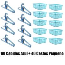 Kit 40 Cestos Organizador Pequeno 16x12x6Cm + 60 Cabides Azul