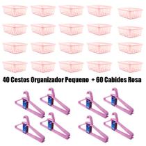 Kit 40 Cestos Organizador Pequeno 16x12x6Cm+60 Cabides Rosa