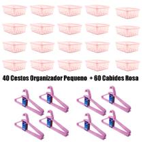 Kit 40 Cestos Organizador Pequeno 16x12x6Cm+60 Cabides Rosa