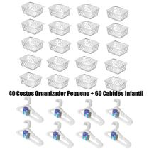 Kit 40 Cestos Organizador Pequeno 16x12x6cm + 60 Cabides Transparente Infantil