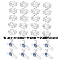Kit 40 Cestos Organizador Pequeno 16x12x6cm + 60 Cabides Transparente Infantil