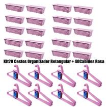 Kit 40 Cestos Organizador Retangular 28x11x8Cm + 60 Cabides Rosa