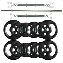 Kit 40 Kg de Anilhas Ferro + 2 Barras Maciças Zincada 40cm e Barra de 150cm