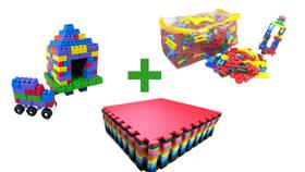 Kit 400 peças de multi blocos para montar infantil + 6 tatames 1x1 coloridos antiderrapantes + 400 peças de lig barras m