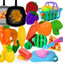 Kit 43 Peças De Cortar Frutas Legumes Frutinhas Cozinha Infantil Brinquedo Com tiras autocolantes Mercadinho Cestinha Frigideira
