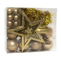 Kit 44 Peças Enfeites de Natal Dourado Estrela Bolinhas Caixa c/ Gancho Festão e Cordão de Pérolas p/ Decoração Natalina