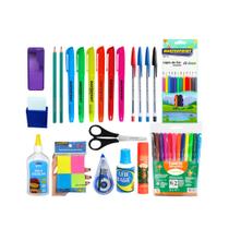 kit 47 Itens Material Escolar Volta as aulas ensino fundamental médio Básico caneta lápis marca texto borracha corretivo