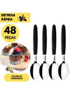 Kit 48 Colher de Sobremesa com Cabo Preto Ergonômico Talher Moderno Elegante Resistente para Doces e
