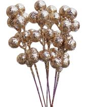 Kit 48 Galhos Frutas Artificiais Glitter Dourado Natal 18cm
