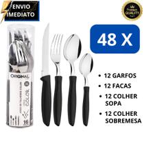 Kit 48 Talheres Preto Inox Premium 12 Facas+12 Garfos+12 Colheres+12 Colheres Sobremesa Elegante