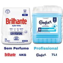 Kit 4kg de Sabão em pó Brilhante Limpeza Toatal + Amaciante Comfort Profissional Lavanderia 7 Lts