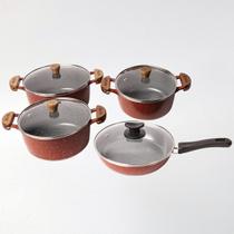 Kit 4pçs Caçarolas 18a22cm Frigideira 24cm Mescla Cerâmico Alças Madeira com Tampas de Vidro - Cor: Vermelho com Cinza