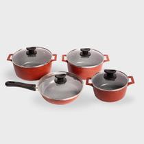 Kit 4pçs Caçarolas 18a22cm Frigideira 24cm Mescla Cerâmico Forno e Fogão com Tampas de Vidro - Cor: Vermelho com Cinza