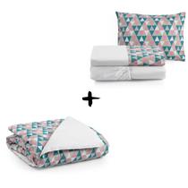 Kit 4pçs Edredom com Lençol Geométrico Azul e Rosa Moderno