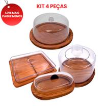 KIT 4Pçs Porta Frios, Boleira, Manteigueira e Queijeira de Madeira RUSTICO para Bolos, Queijos, Frios e Petiscos