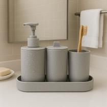 kit 4Peças Lyor- Conjunto Banheiro Lavabo Porta Sabonete Liquido Escova Dentes -Off-White PP e Bambu