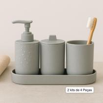 kit 4Peças Lyor- Conjunto Banheiro Lavabo Porta Sabonete Liquido Escova Dentes -Off-White PP e Bambu