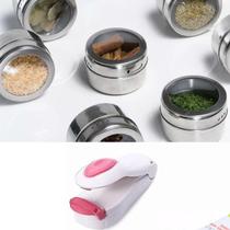 Kit 4un jogo porta temperos condimentos inox com ímã e base suporte inoxidável + Mini Seladora.