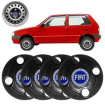 Kit 4X Calota Centro Roda Ferro Fiat Uno Mille Preto Emblema