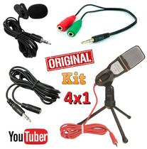 Kit 4x1 Microfone Lapela + Microfone Mesa Condensador Profissional Pc Celular Universal Youtuber Vídeo + Extensão
